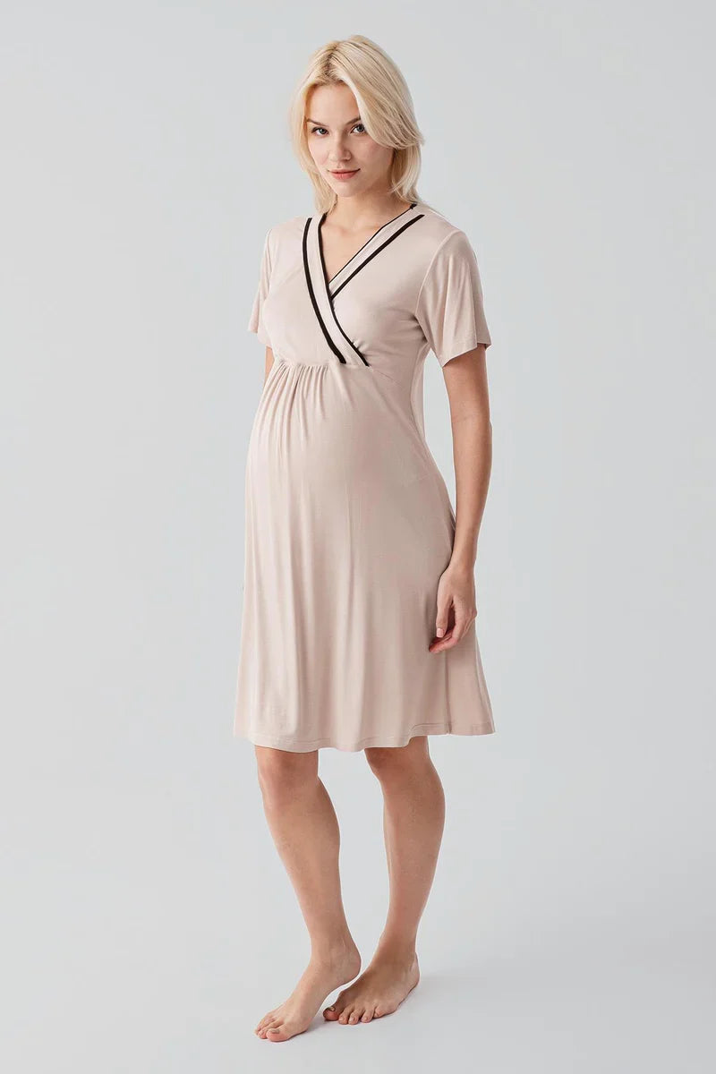 Piped Wrap 4-Piece Maternity-Nursing Set Beige - 417217