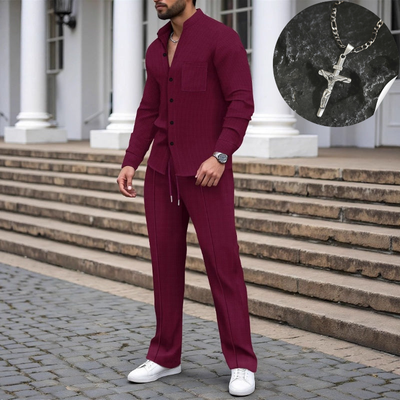 ⏳Tijdelijke aanbieding⏰ Casual tweedelig herenpak bestaande uit een wafelgebreid overhemd en een broek