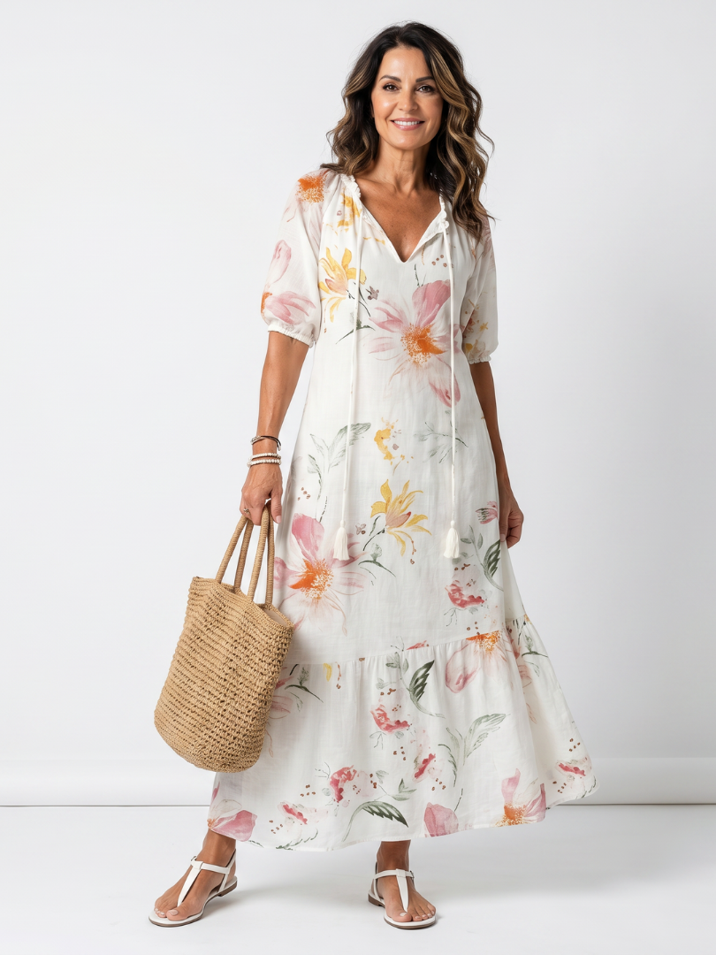 Noa | Zachte Bloemen Tiered Tassel Midi Jurk
