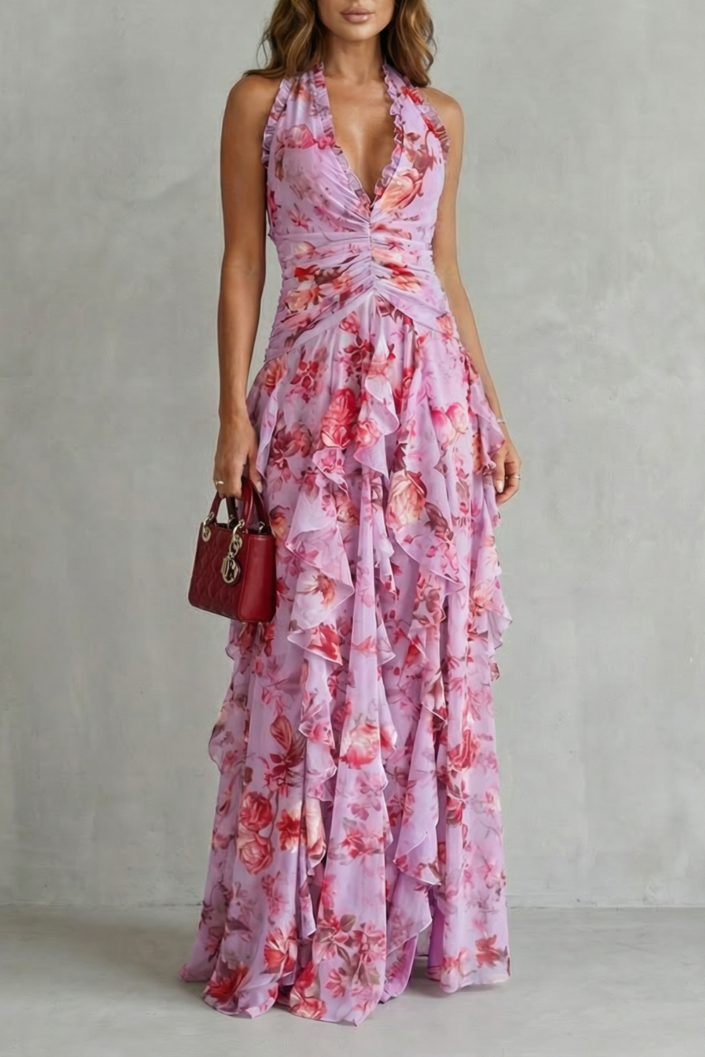 Belladina | Romantische Cascata di Rose Lange jurk met Amerikaanse halslijn