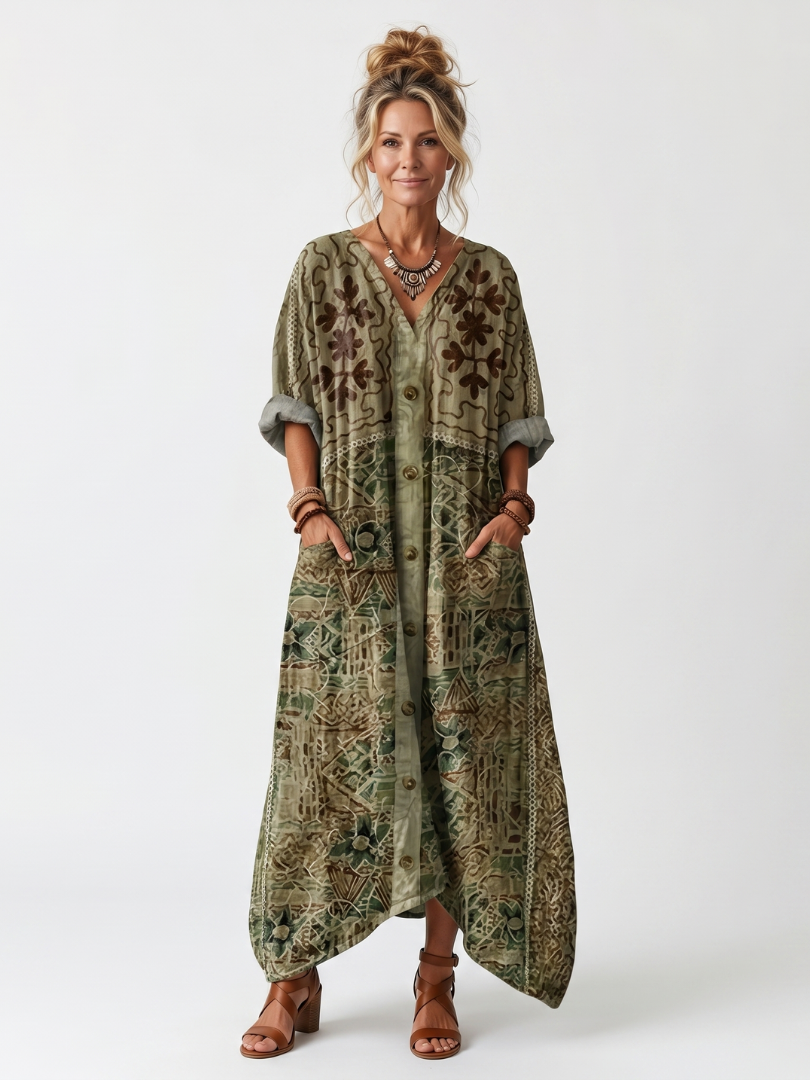 Aleta | Knop Voorkant Oversized Pocket Midi Jurk