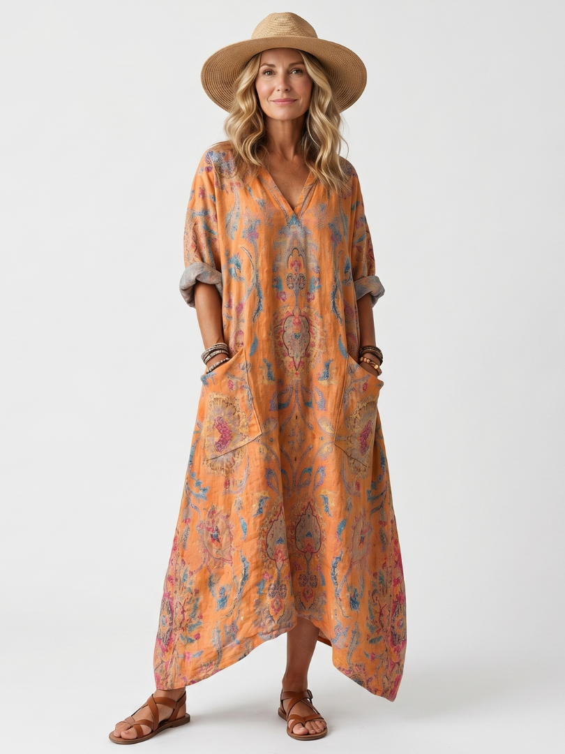 Remi | Geprinte Oversized Midi-jurk met Notch Hals en Zakken