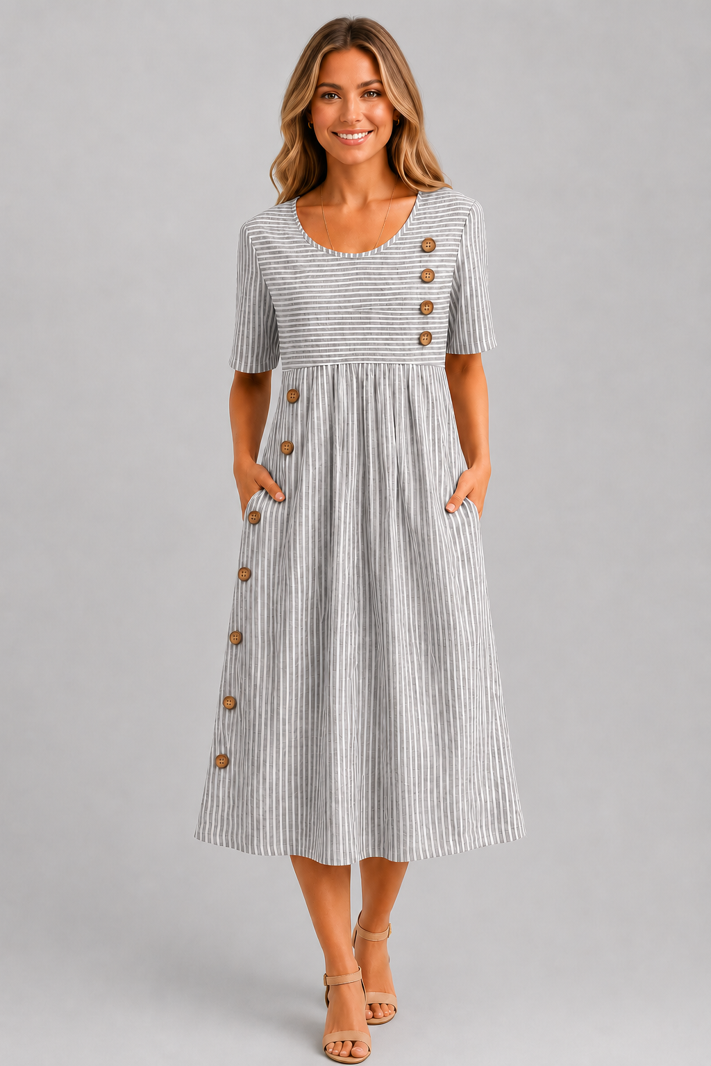 Ismay™ | Gestreepte Buikcamouflerende Midi Jurk