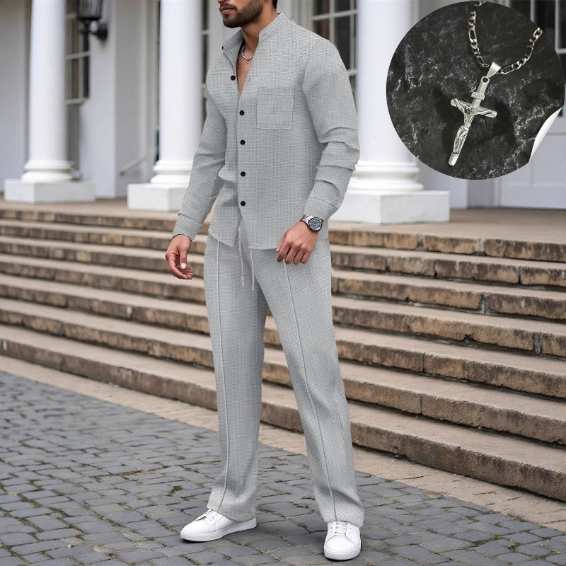 ⏳Tijdelijke aanbieding⏰ Casual tweedelig herenpak bestaande uit een wafelgebreid overhemd en een broek