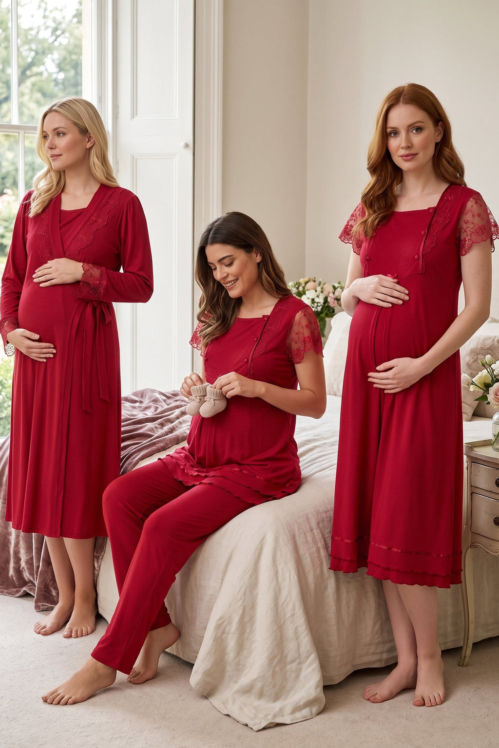Lace Sleeve 4-Piece Maternity-Nursing Set Cherry - 2050