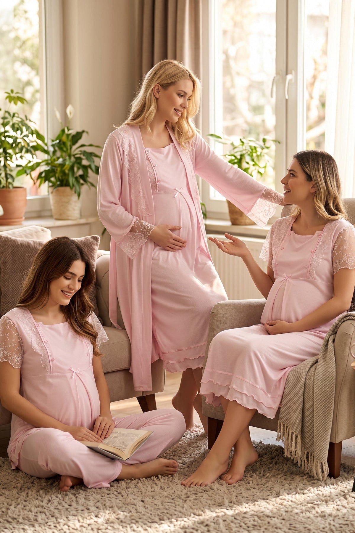 Lace Sleeve 4-Piece Maternity-Nursing Set Pink - 2050
