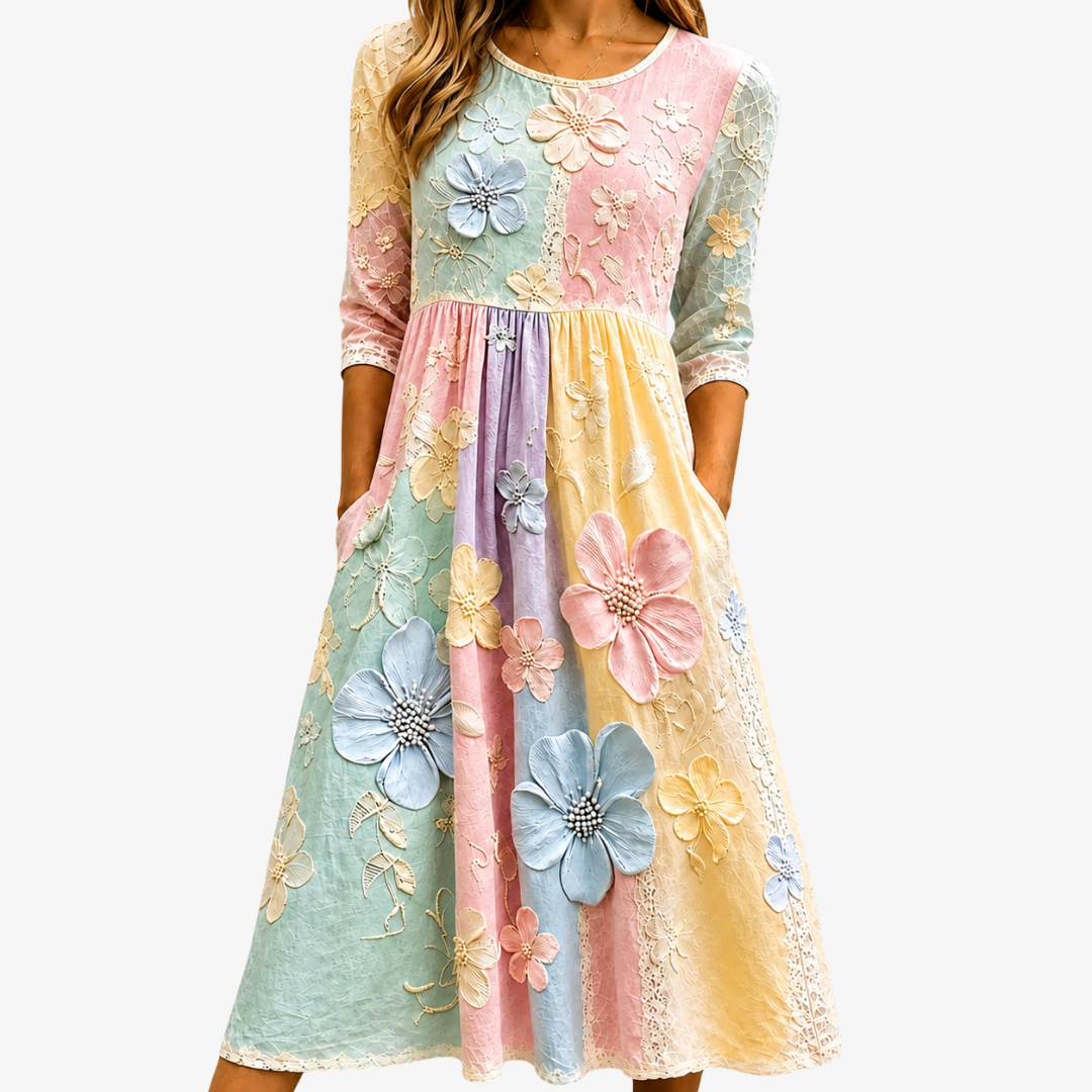 Pastel Bloom Tuin Pocket Midi Jurk