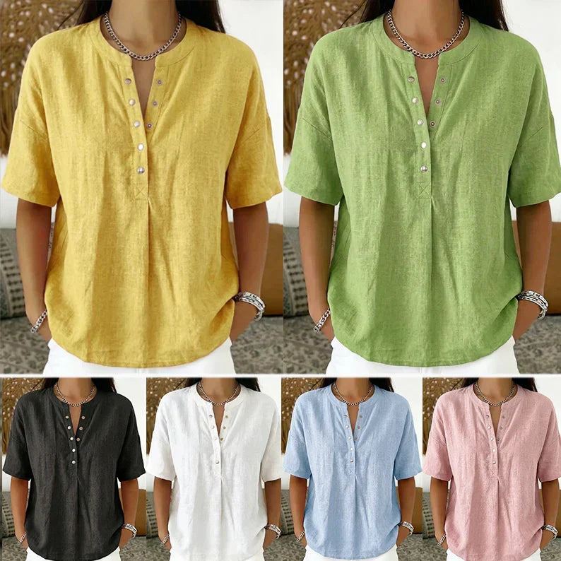 🎁2026 Nieuw binnen 50% KORTING💥Dames Casual Losvallende Effen Top – Henley-knoping, Katoen- en Linnenmix