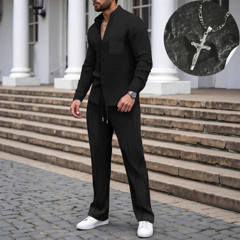 ⏳Tijdelijke aanbieding⏰ Casual tweedelig herenpak bestaande uit een wafelgebreid overhemd en een broek