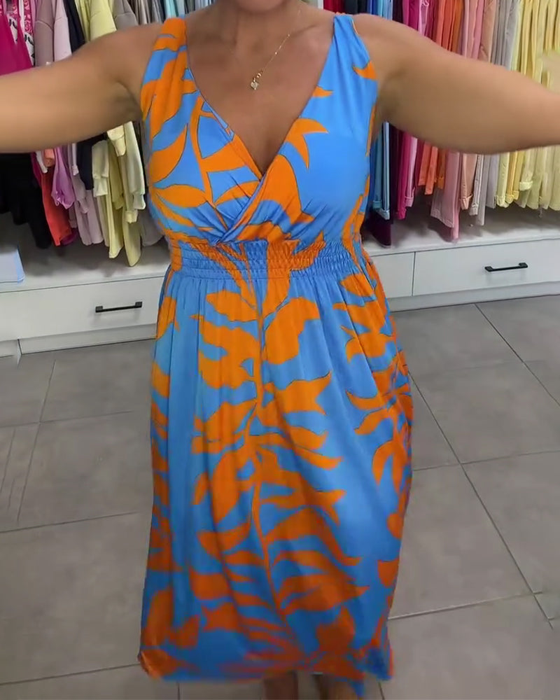 Regina - Mouwloze Midi Jurk met V-Hals Elastische Taille