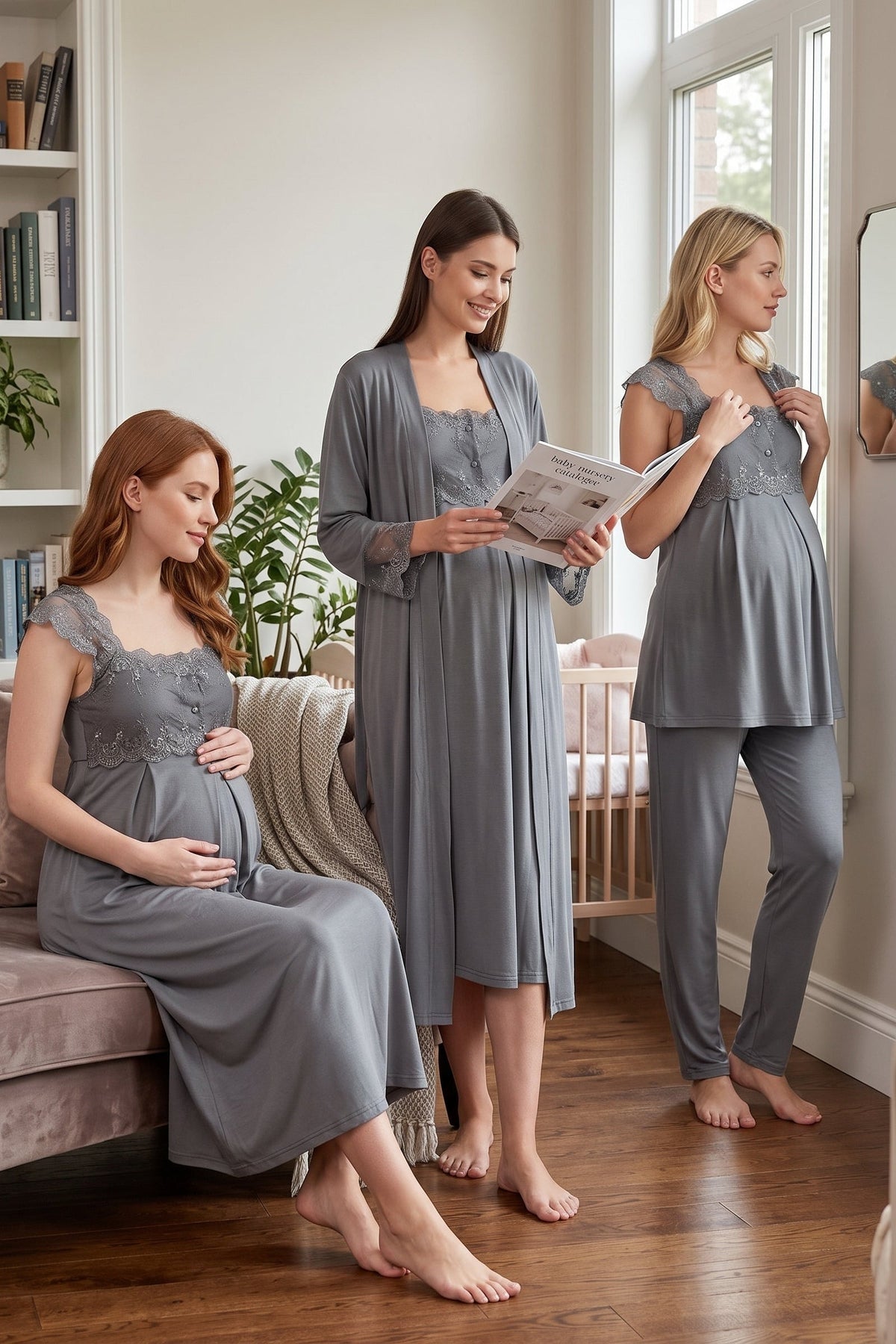 Lace Shoulder 4-Piece Maternity-Nursing Set Anthracite - 2305