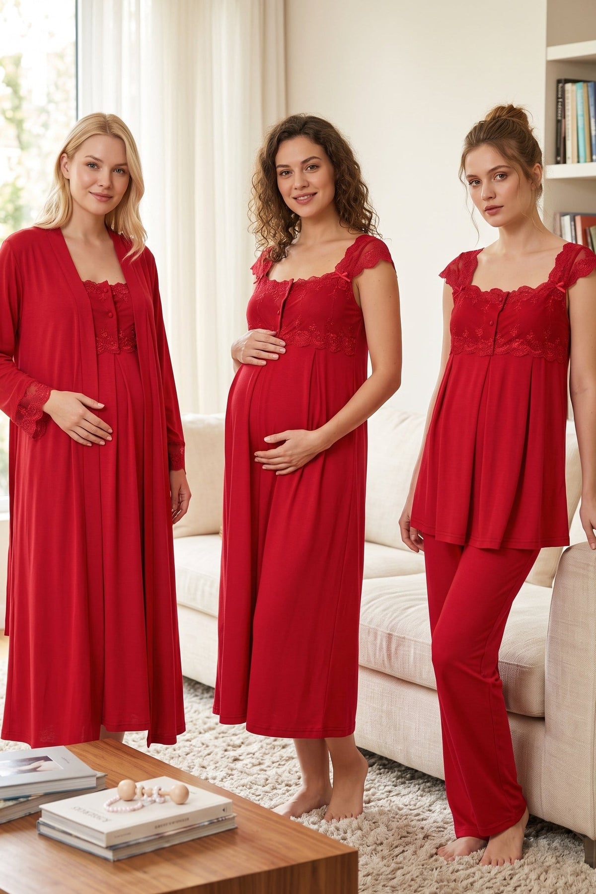 Lace Shoulder 4-Piece Maternity-Nursing Set Cherry - 2305