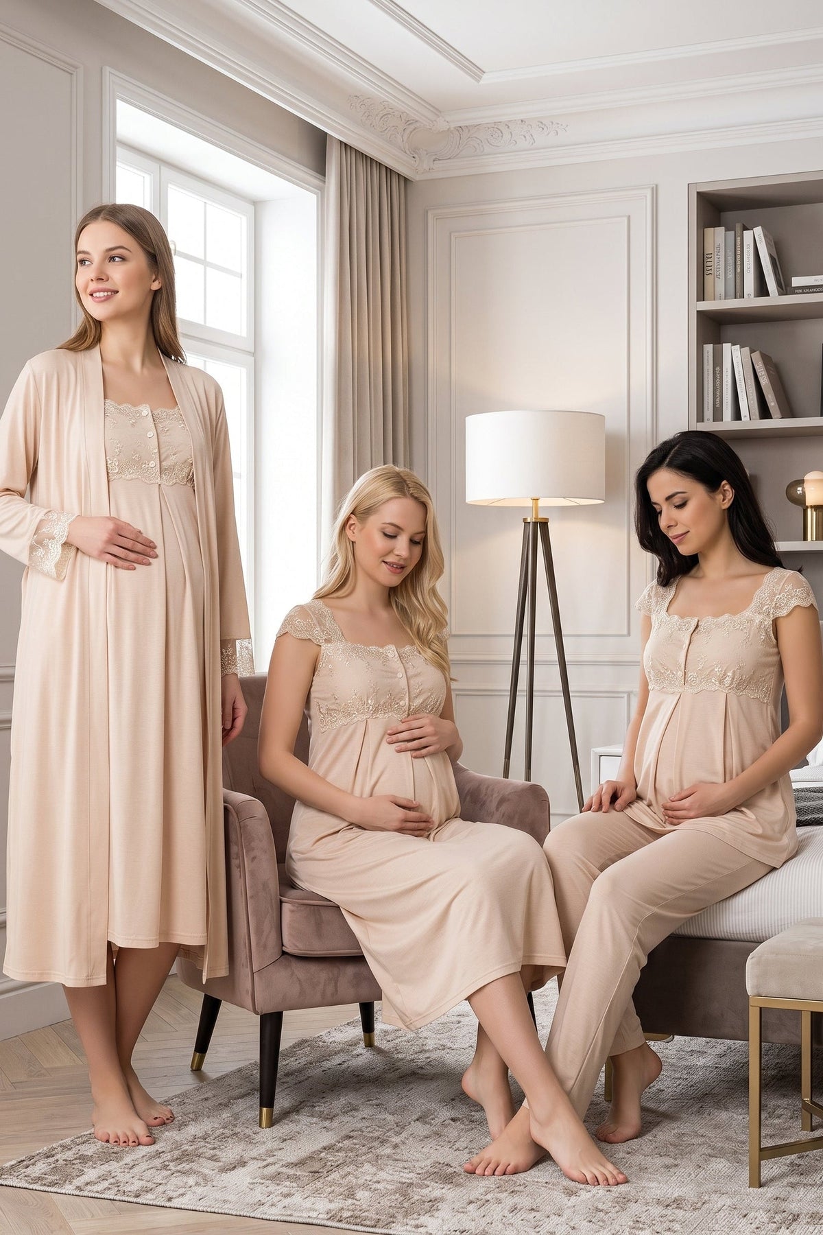 Lace Shoulder 4-Piece Maternity-Nursing Set Mink - 2305
