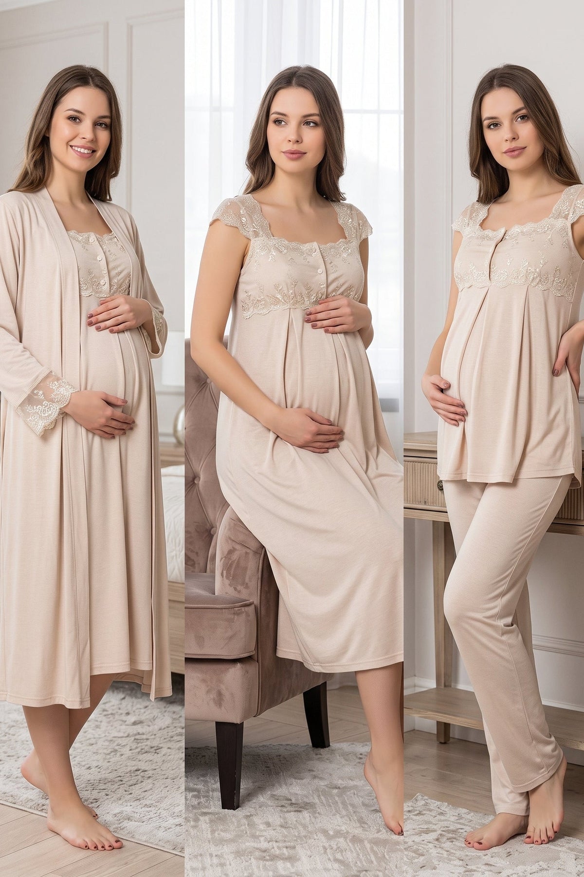 Lace Shoulder 4-Piece Maternity-Nursing Set Mink - 2305