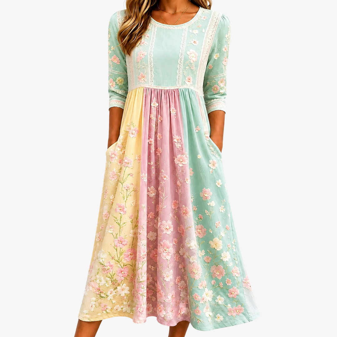 Lente Bloesem Patchwork Pocket Midi Jurk