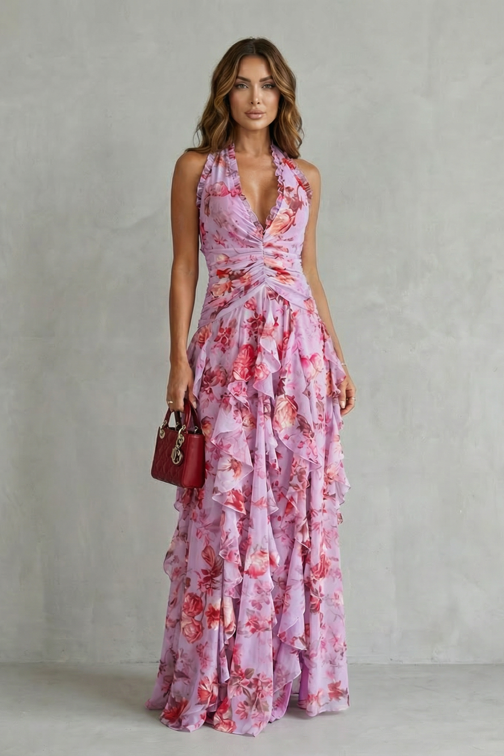 Belladina | Romantische Cascata di Rose Lange jurk met Amerikaanse halslijn