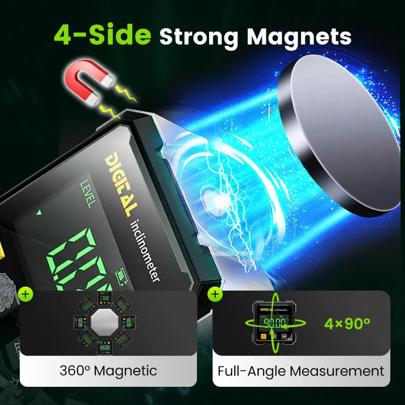 📐 NU 50% KORTING! 🔥 4-zijdige magnetische digitale hoekmeter - Laserprecisie en gebruik op meerdere oppervlakken, perfect voor houtbewerking en bouw ✨