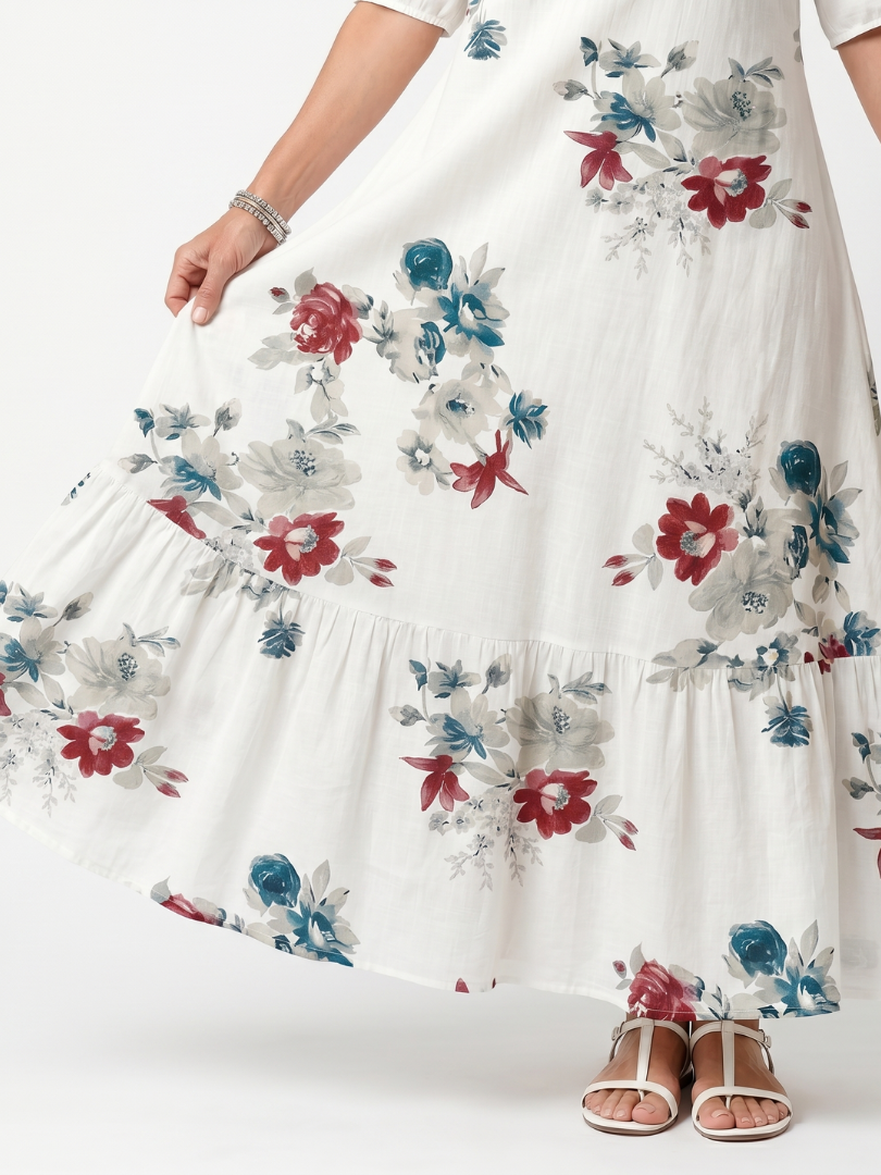 Maeva | Verspreide Bloemen Tassel Taille Midi Jurk