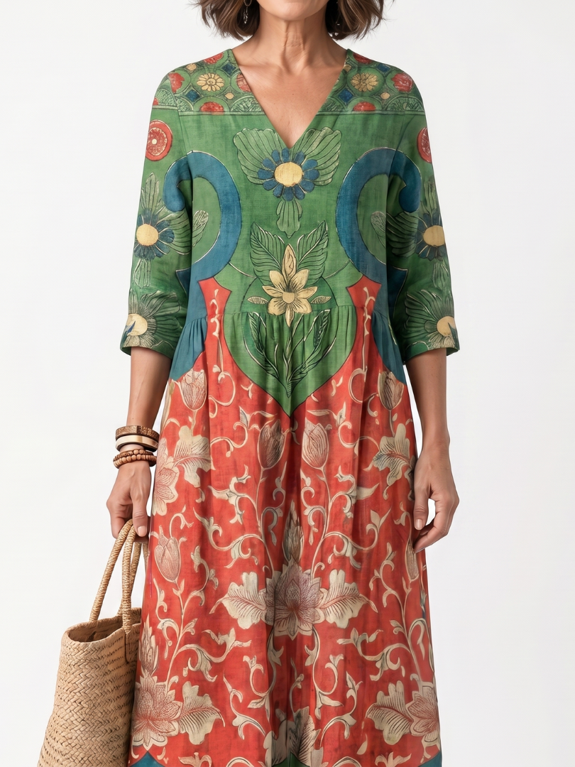 Sloane | Gemengd Print V-Hals Pocket Midi Jurk