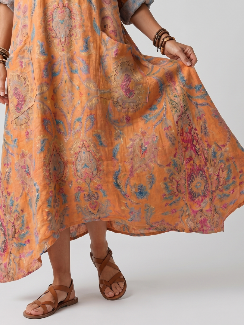Remi | Geprinte Oversized Midi-jurk met Notch Hals en Zakken