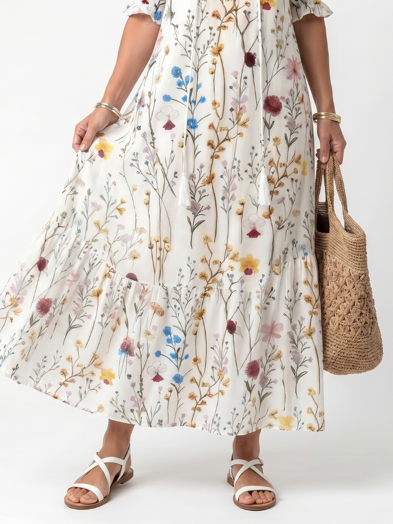 Sylvie | Botanische Print Tassel Tie Midi Jurk