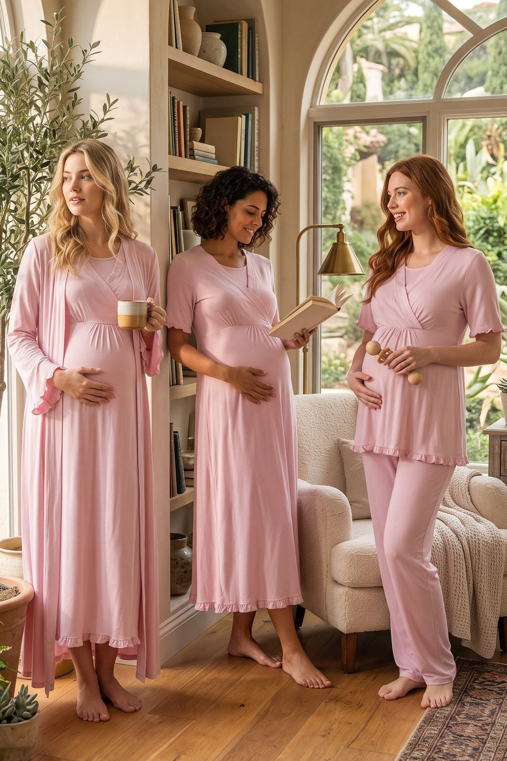 Pleated Sleeves Wrap 4-Piece Maternity-Nursing Set Pink - 3036