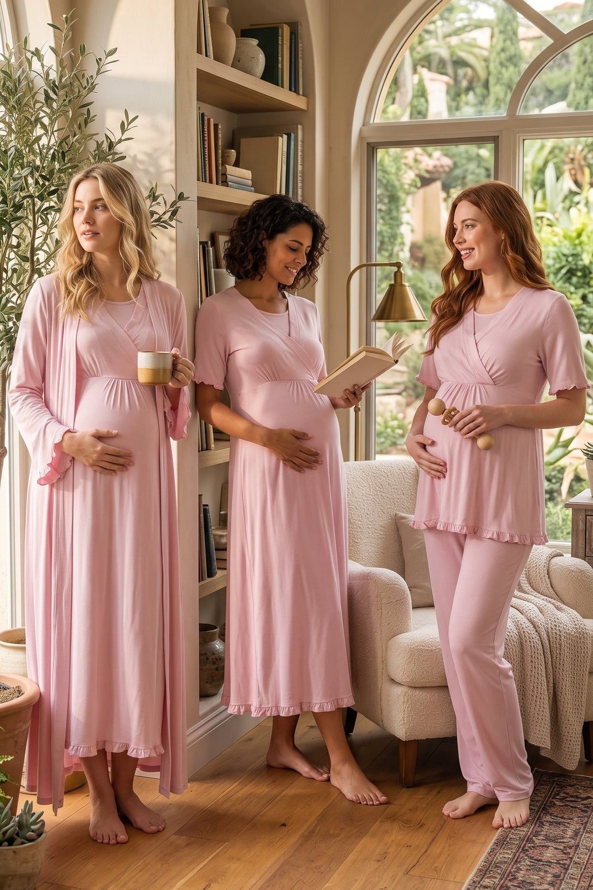 Pleated Sleeves Wrap 4-Piece Maternity-Nursing Set Pink - 3036