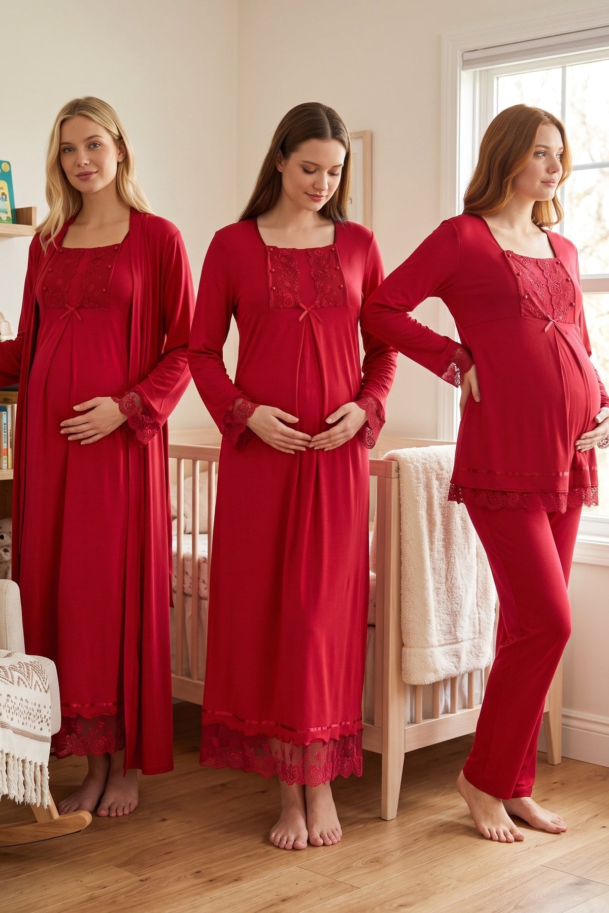 Lace Sleeve 4-Piece Maternity-Nursing Set Cherry - 3046