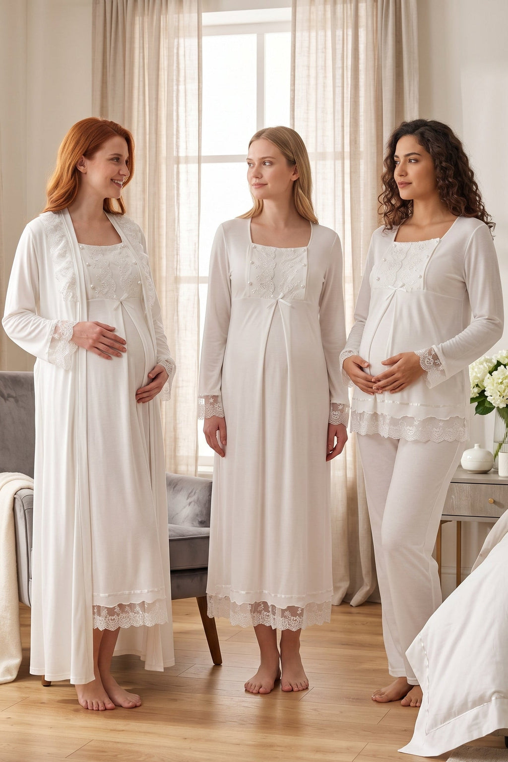 Lace Sleeve 4-Piece Maternity-Nursing Set Ecru - 3046