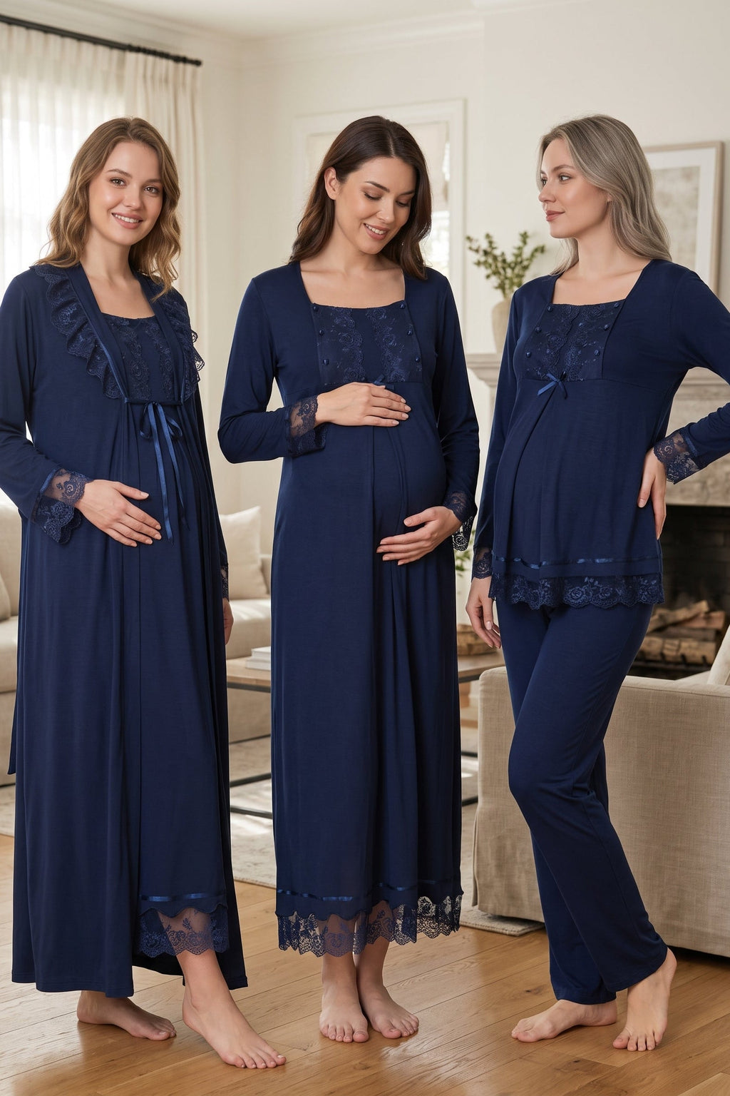 Lace Sleeve 4-Piece Maternity-Nursing Set Navy Blue - 3046