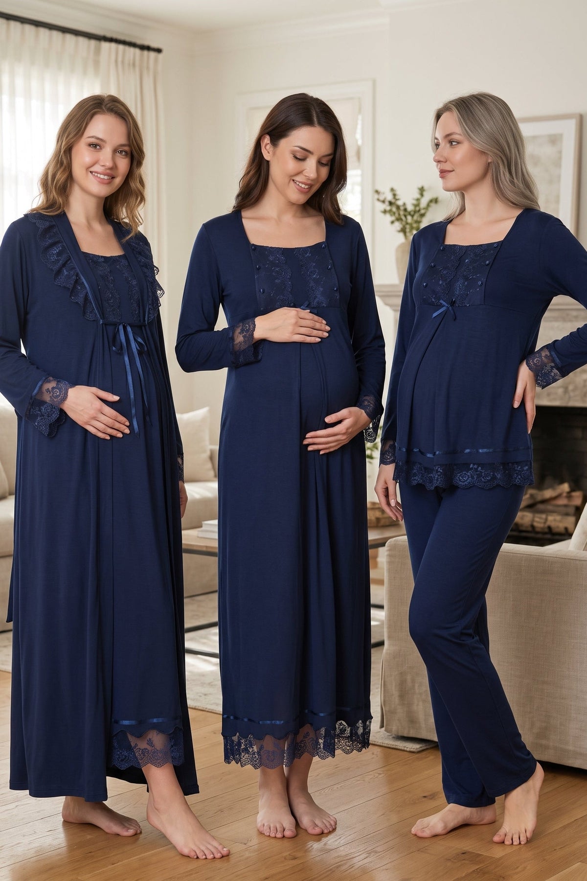 Lace Sleeve 4-Piece Maternity-Nursing Set Navy Blue - 3046
