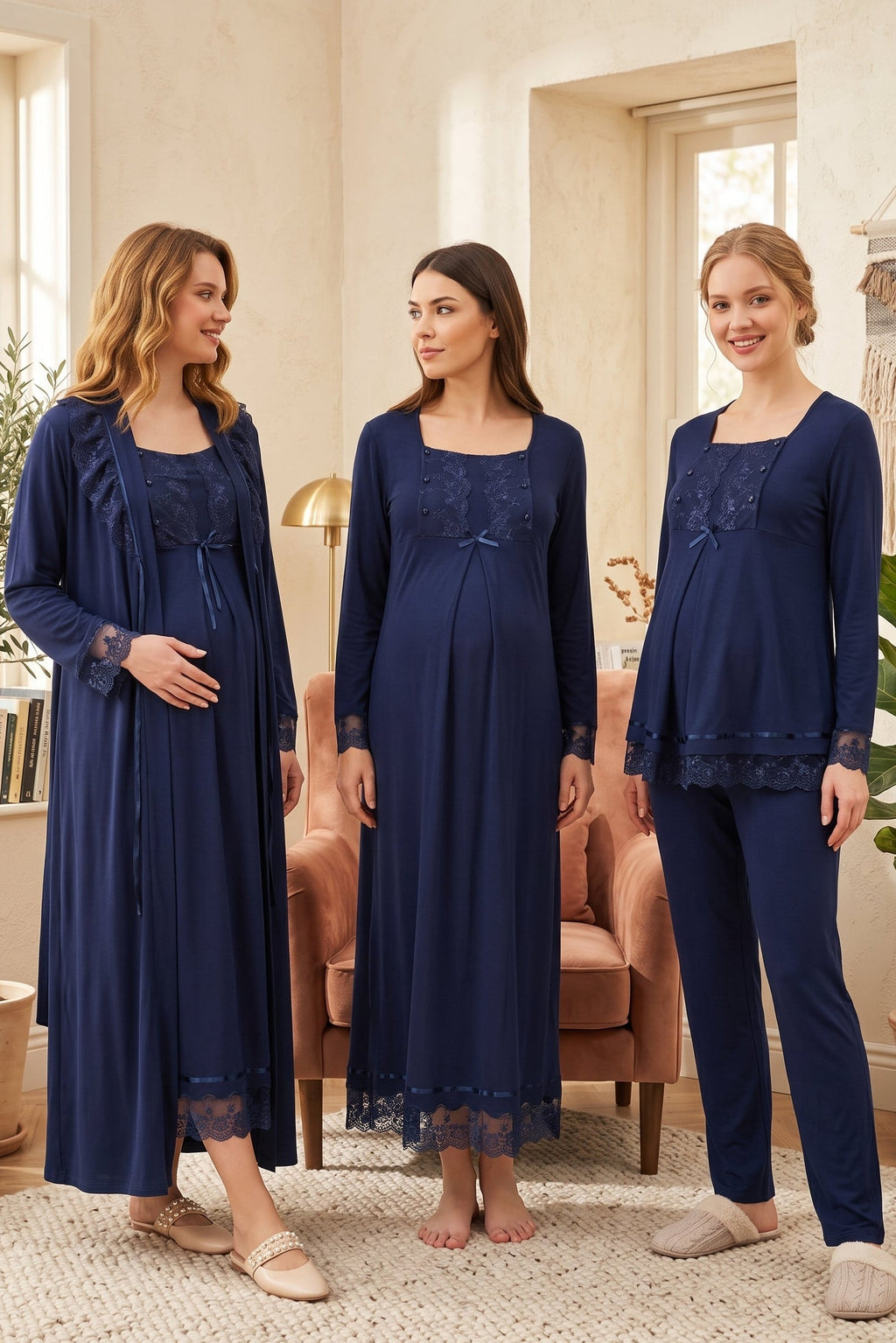 Lace Sleeve 4-Piece Maternity-Nursing Set Navy Blue - 3046