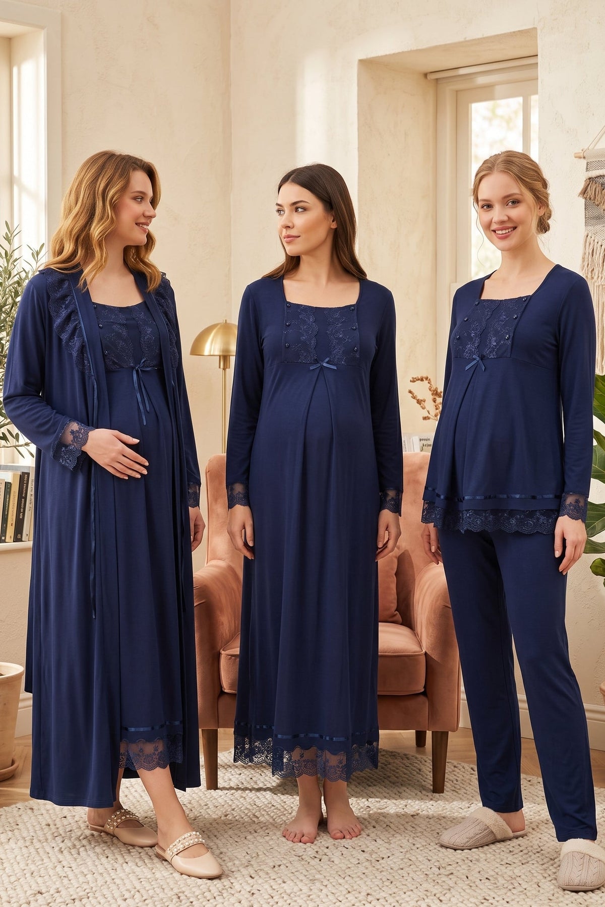 Lace Sleeve 4-Piece Maternity-Nursing Set Navy Blue - 3046