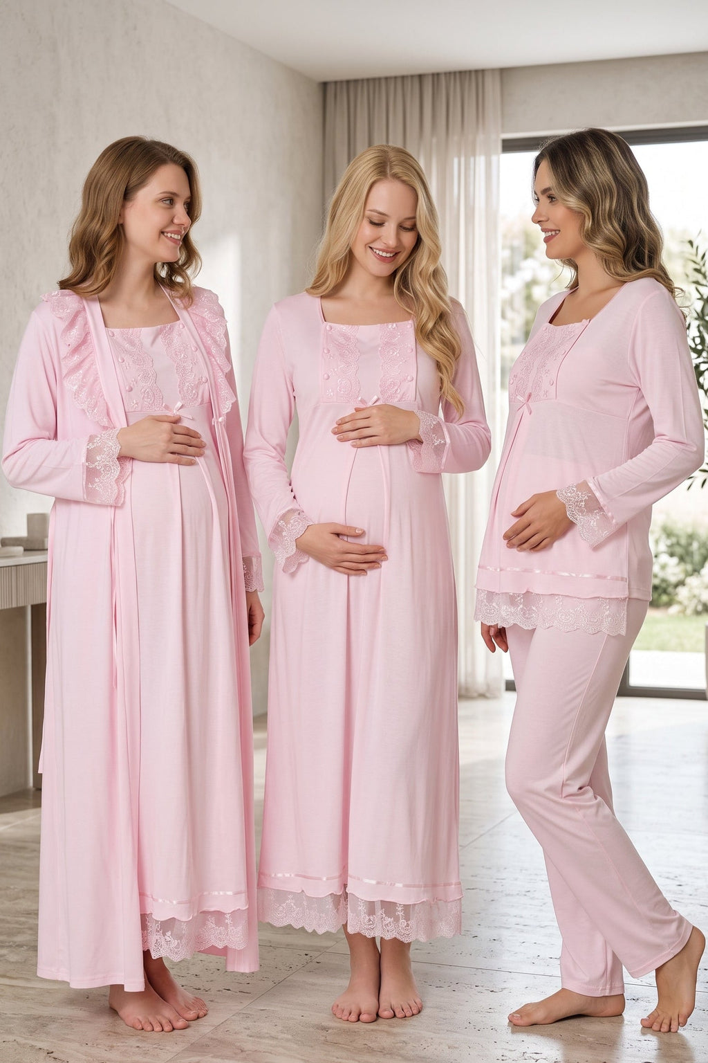Lace Sleeve 4-Piece Maternity-Nursing Set Pink - 3046