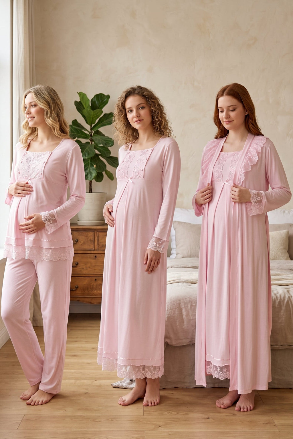 Lace Sleeve 4-Piece Maternity-Nursing Set Pink - 3046