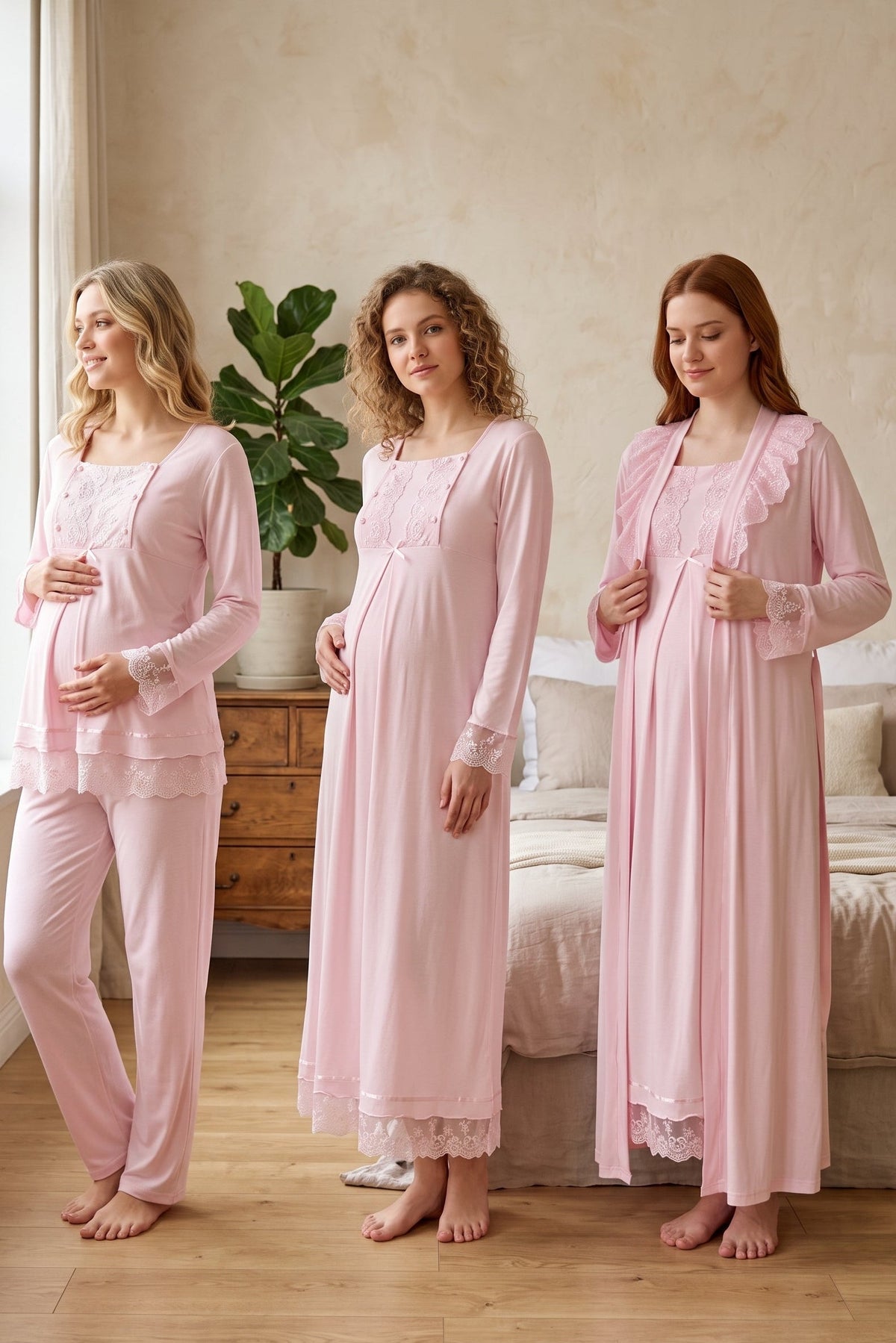 Lace Sleeve 4-Piece Maternity-Nursing Set Pink - 3046