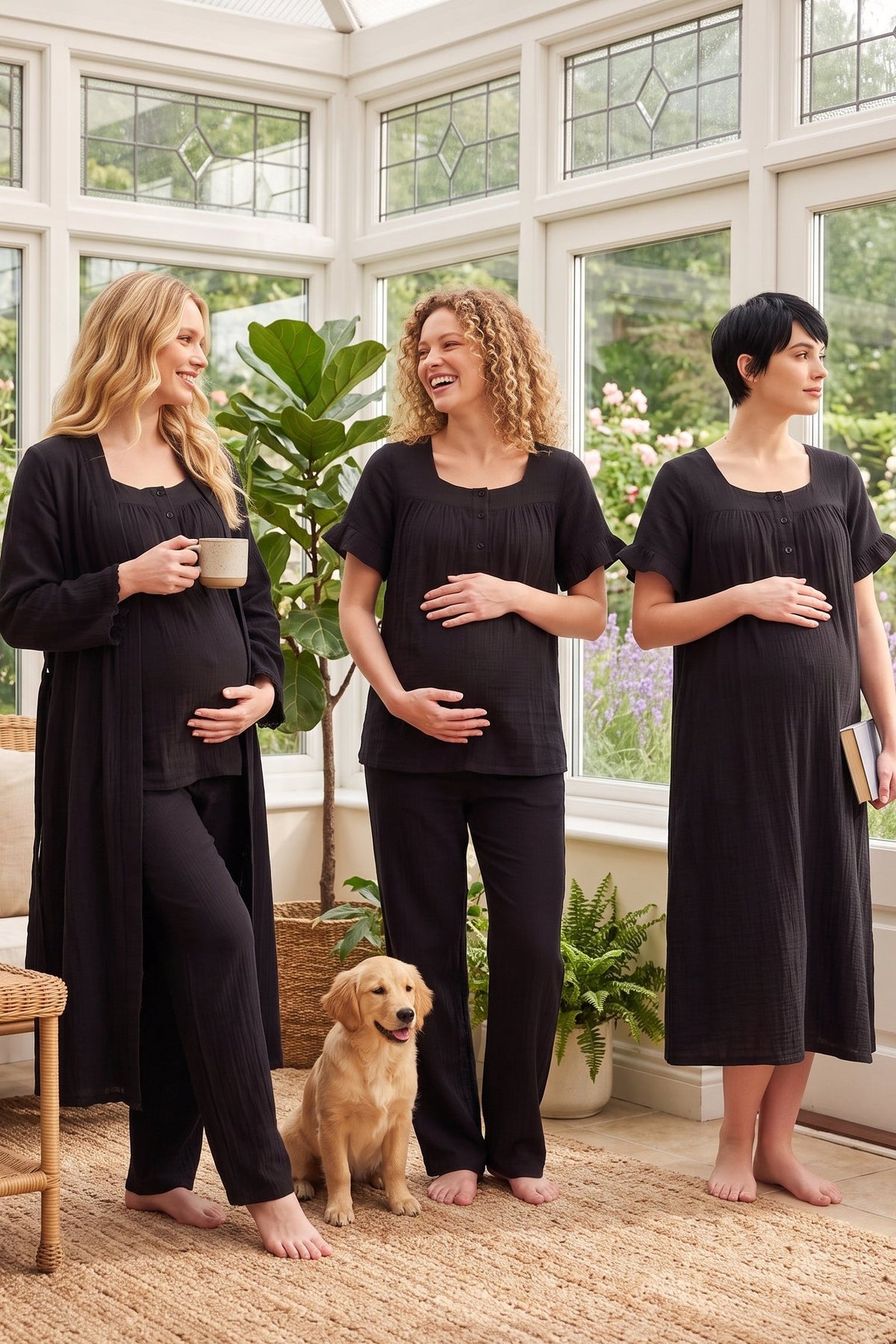 Ruffle-mouwen Muslin 4-delige Zwangerschaps- en Voedingsset Zwart