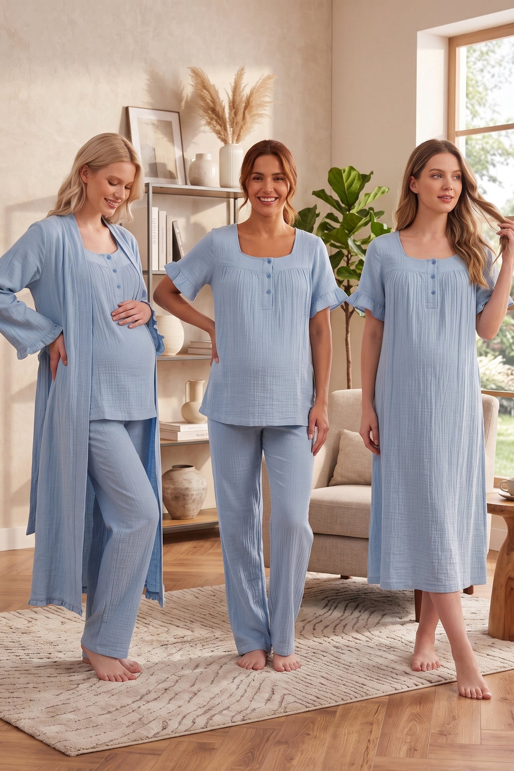 Ruffle-mouwen Muslin 4-delige Zwangerschaps- en Voedingsset Indigo