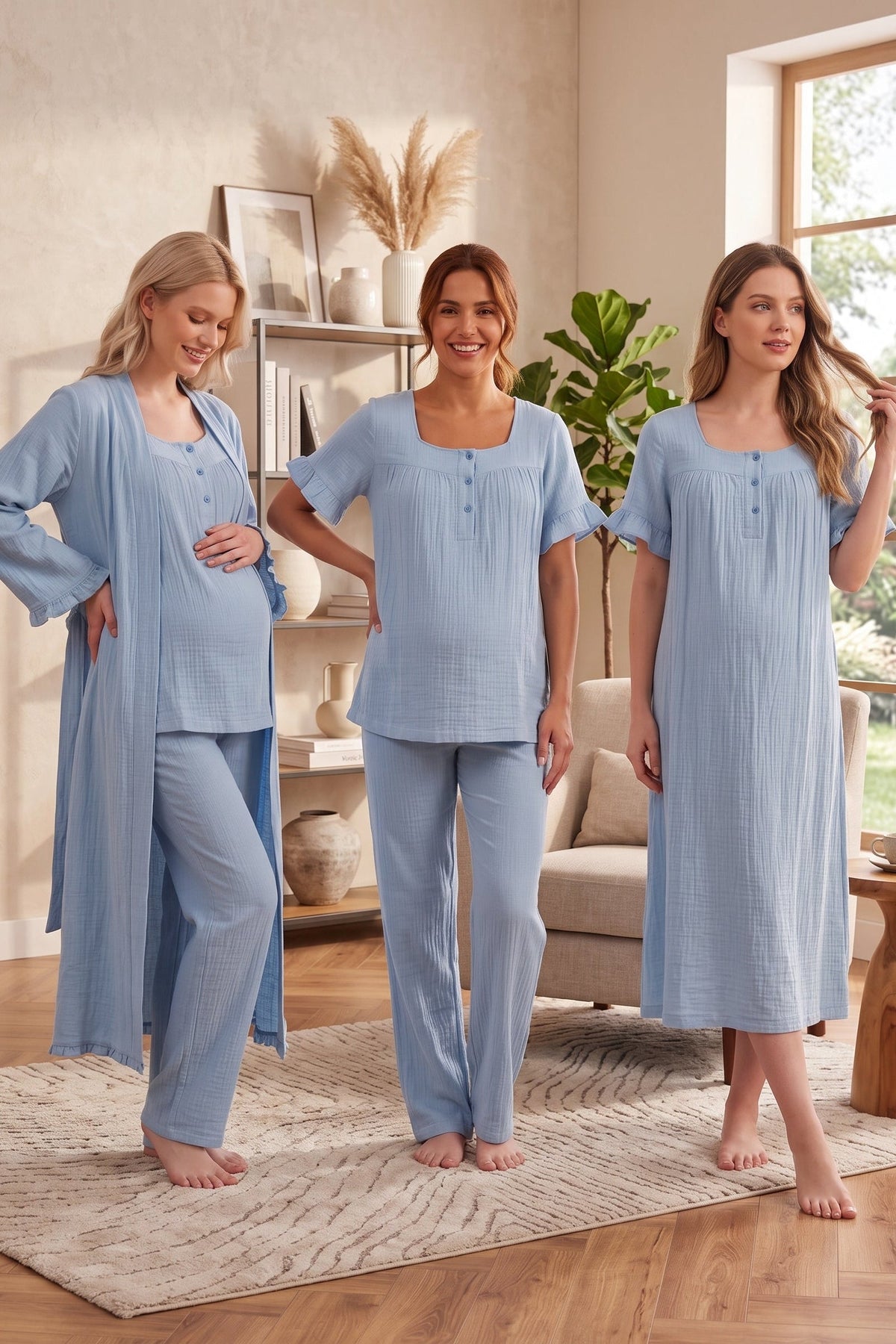 Ruffle-mouwen Muslin 4-delige Zwangerschaps- en Voedingsset Indigo