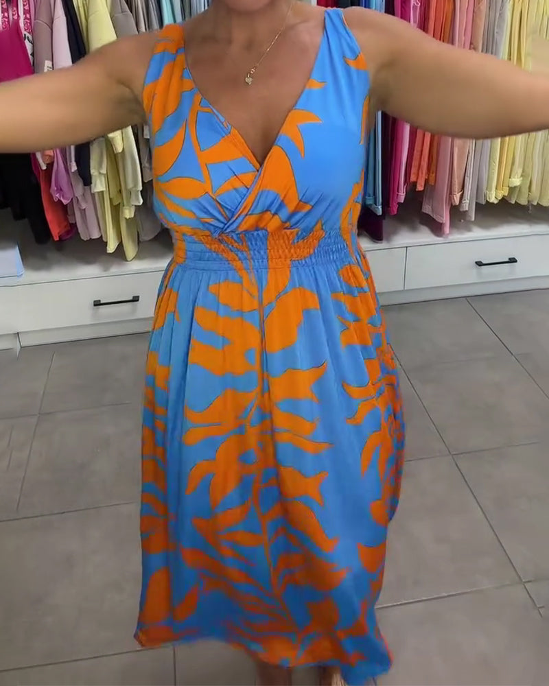 Regina - Mouwloze Midi Jurk met V-Hals Elastische Taille