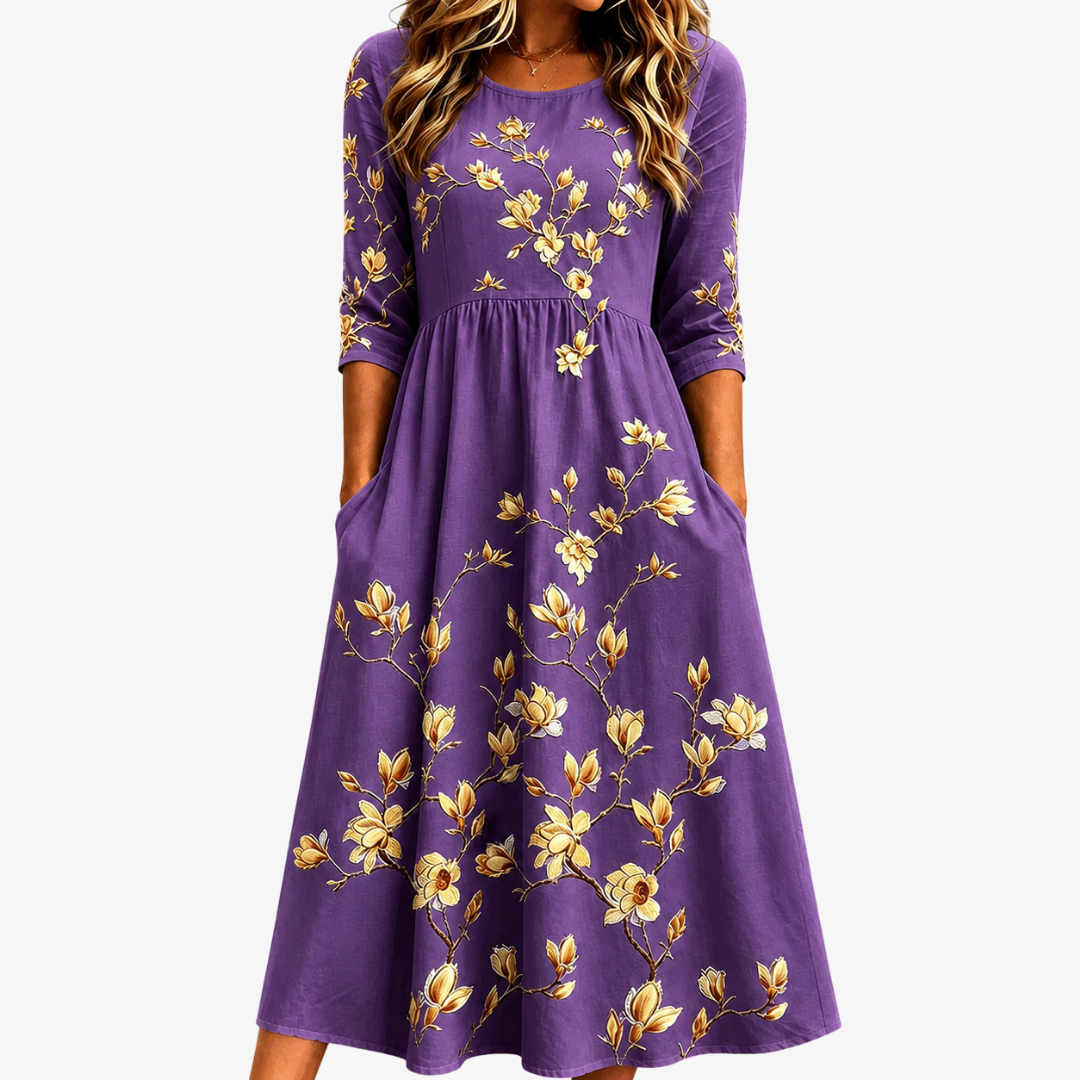 Gouden Magnolia Charm Pocket Midi Jurk
