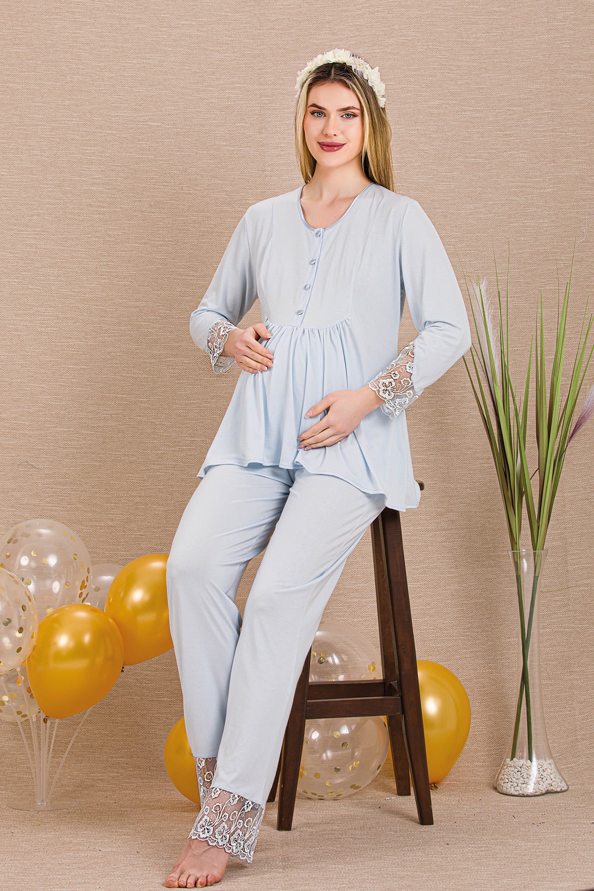 Lace Sleeve and Lace Detailed 4-Piece Maternity-Nursing Set Blue - 503204