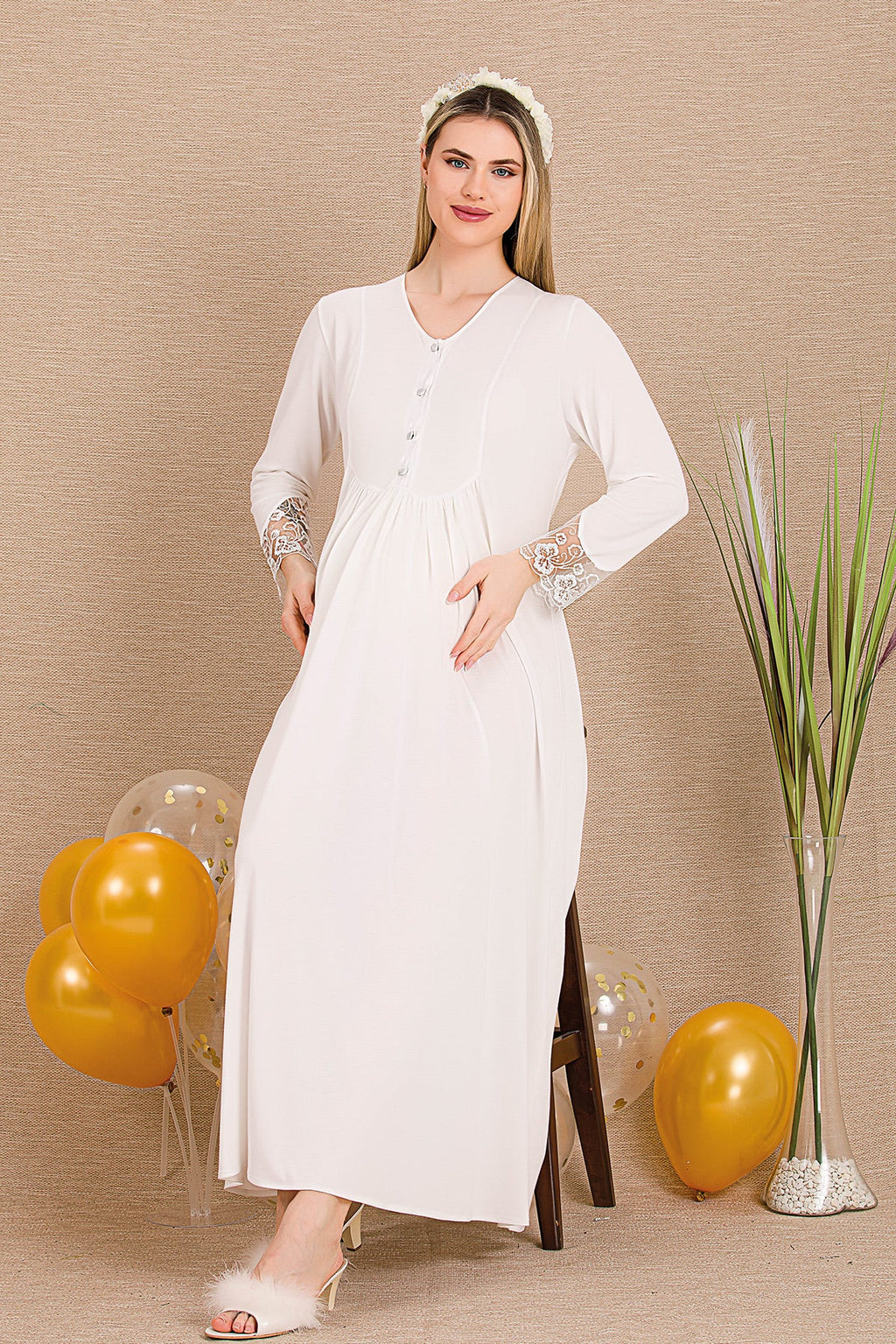 Lace Sleeve and Lace Detailed 4-Piece Maternity-Nursing Set Ecru - 503204