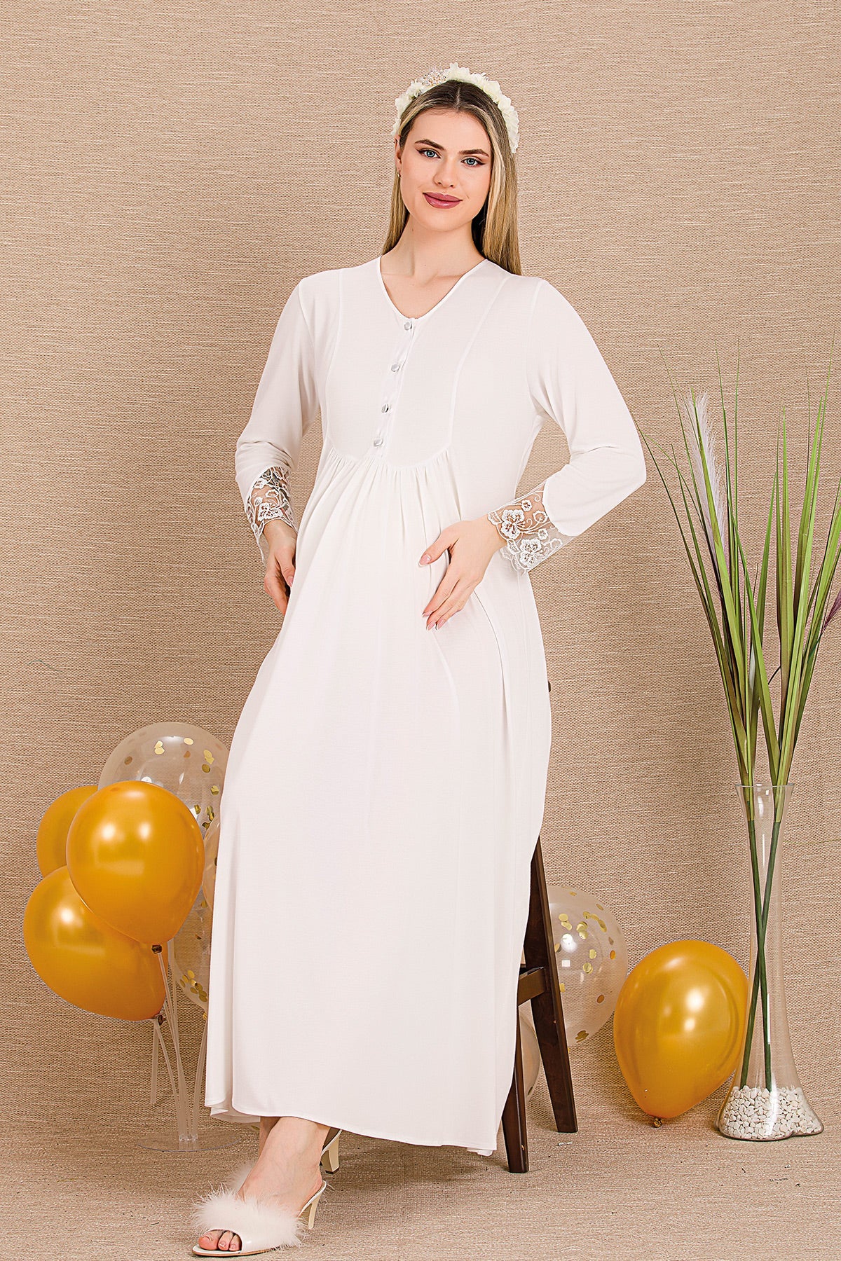 Lace Sleeve and Lace Detailed 4-Piece Maternity-Nursing Set Ecru - 503204