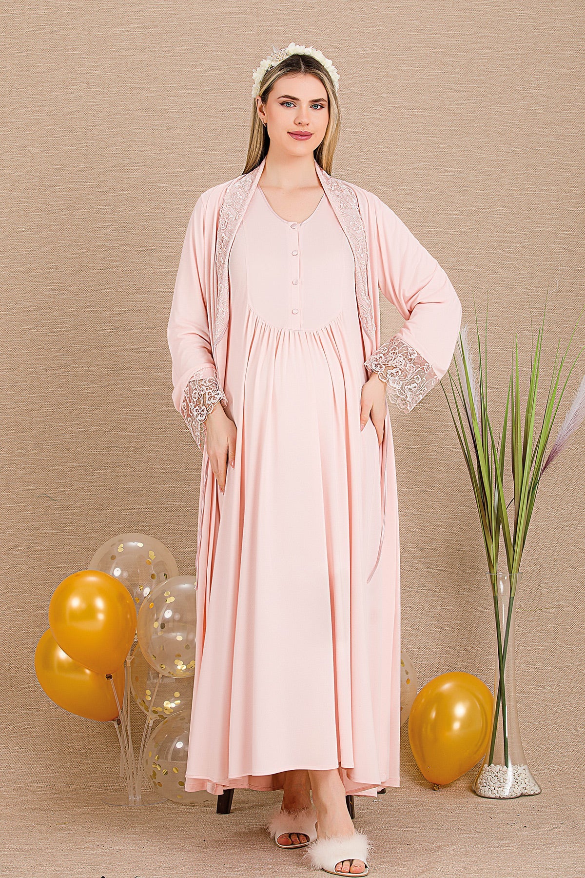 Lace Sleeve and Lace Detailed 4-Piece Maternity-Nursing Set Pink - 503204