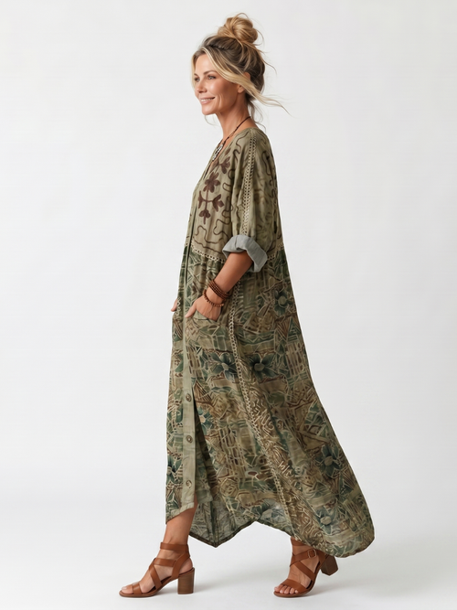 Aleta | Knop Voorkant Oversized Pocket Midi Jurk