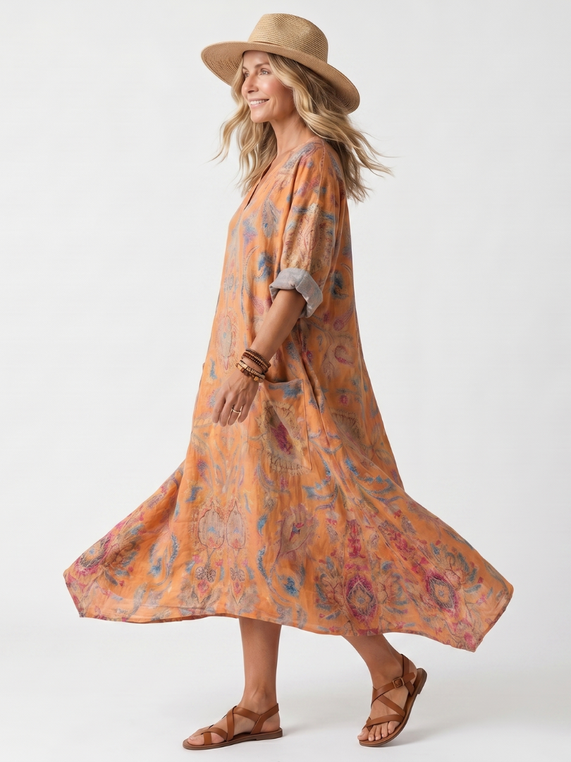 Remi | Geprinte Oversized Midi-jurk met Notch Hals en Zakken