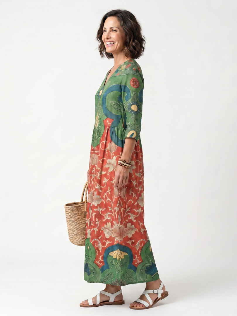 Sloane | Gemengd Print V-Hals Pocket Midi Jurk