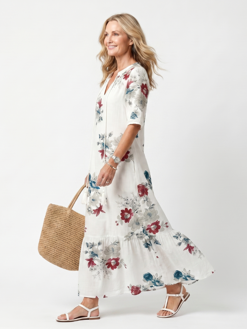Maeva | Verspreide Bloemen Tassel Taille Midi Jurk