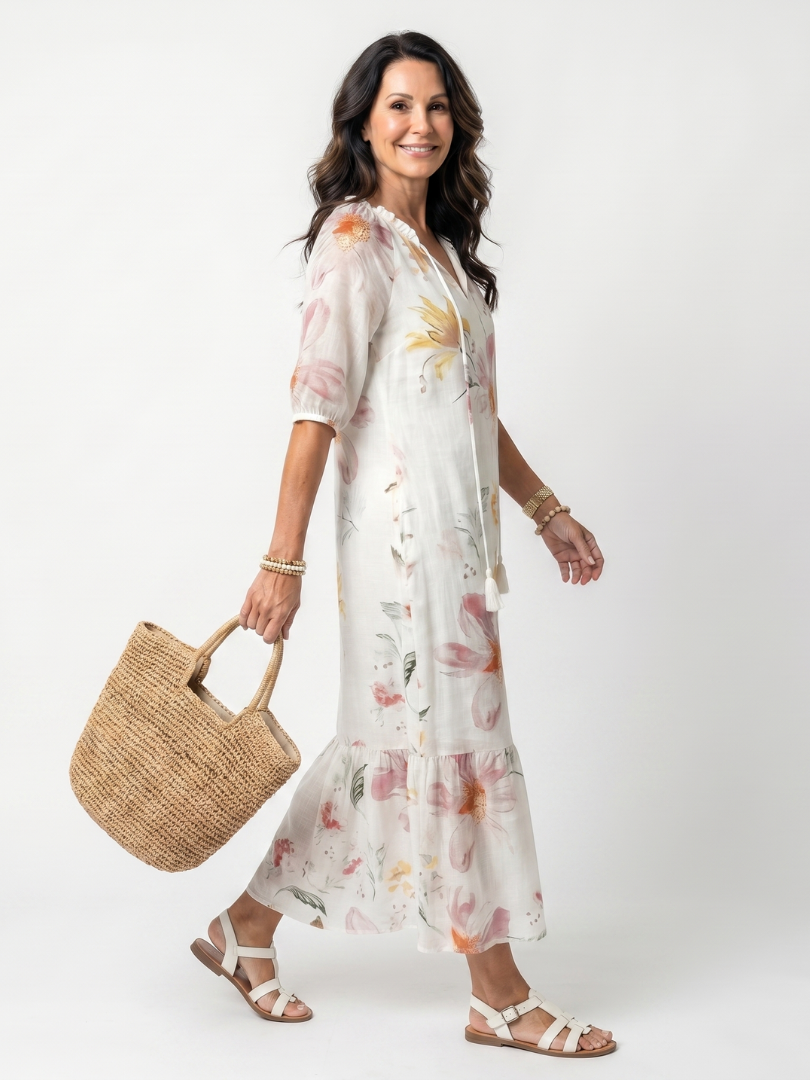 Noa | Zachte Bloemen Tiered Tassel Midi Jurk